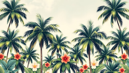 Vintage tropical palm trees. Seamless floral pattern with tropical trees on summer background. Template design for textiles, interior, clothes, wallpaper. Watercolot illustration.  Botanical art iso