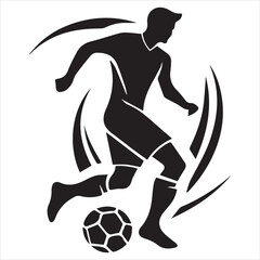 Running footballer with dribbling ball to shoot silhouette.
