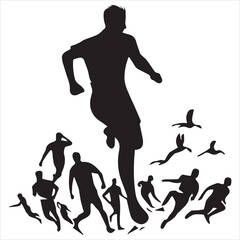 Running footballer with dribbling ball to shoot silhouette.