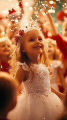 a warm and joyful Christmas party image. In the center of the picture is a little girl wearing a princess dress. Her costume is rich in details, and the lighting is warm yellow to simulate warm indoor