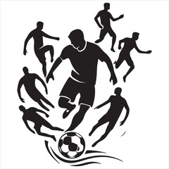 Running footballer with dribbling ball to shoot silhouette.