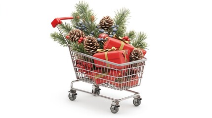 shopping cart decorated for christmas on isolated