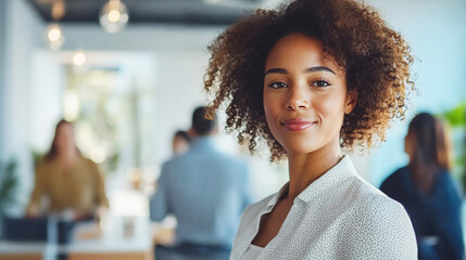 Confident business woman standing in the modern office smiling at the camera during the business meeting with colleagues.
