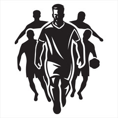 Running footballer with dribbling ball to shoot silhouette.