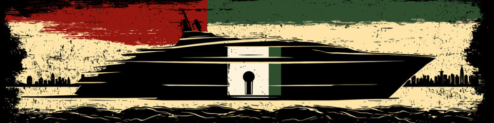Obraz premium Grunge vector illustration of a large yacht with a keyhole symbol against a red, green, and white flag background, symbolizing luxury, power, and security