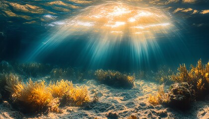 Obraz premium Beautiful underwater scene with sunlight streaming through water, illuminating aquatic plants and creating a serene atmosphere.
