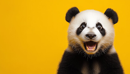 Naklejka premium A joyful panda with a bright yellow background, showcasing its playful nature and charming expression. Ideal for wildlife enthusiasts.