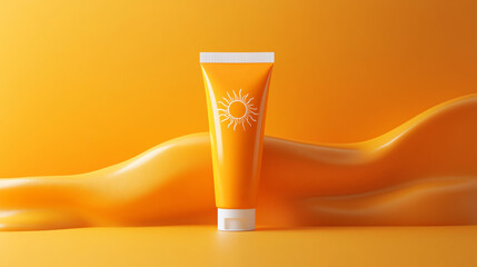 Vibrant sun protection cream tube on a bright orange background, perfect for summer skincare promotions.