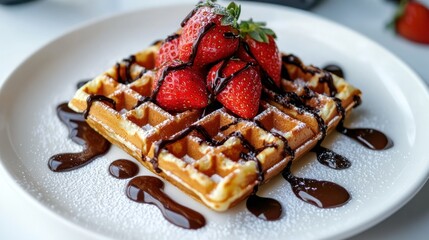A delicious waffle topped with strawberries and chocolate sauce, garnished with powdered sugar.
