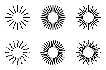 Set of abstract sunburst designs in different styles, perfect for logos, decoration, or vintage-themed graphics. Editable stroke.