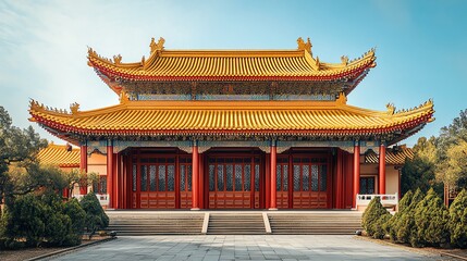 Obraz premium A stunning view of a traditional temple with golden rooftops, surrounded by lush greenery under a clear blue sky.