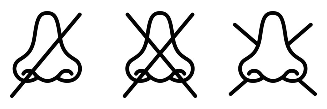 Vector icon showing a crossed-out nose, representing no smell or fragrance, great for allergy or environmental concepts. Odorless symbol. Editable stroke.