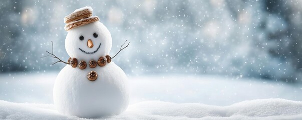 Obraz premium Snowman with buttons made of acorns, adding a natural touch to a snowy landscape