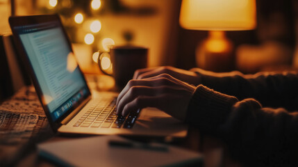 Business man using laptop computer at home. Male hand typing on laptop keyboard in office. Businessman, student, work from home, distance education, online learning, studying concept, generative ai