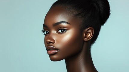 Naklejka premium Stunning portrait of a model showcasing flawless skin and elegant hairstyle against a soft blue background.