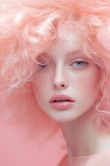 A striking portrait of a model with voluminous pink curls and soft makeup against a pastel background, capturing beauty and elegance.