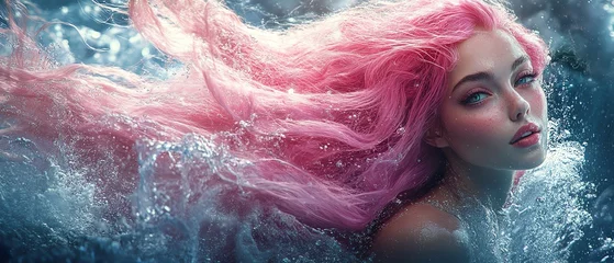 Printed kitchen splashbacks A serene underwater portrait of a woman with flowing pink hair surrounded by soft bubbles and shimmering water.