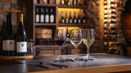 Obraz premium An elegant wine tasting corner in a cozy cellar, Wine bottles and tasting tools thoughtfully arranged, Modern luxury style