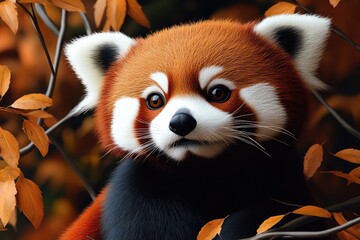 Fototapeta premium This adorable red panda gazes curiously from its perch amidst colorful autumn foliage, surrounded by a serene forest, feeling the warm sunlight gently filtering through the leaves