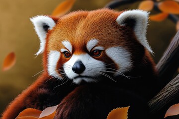 Fototapeta premium Soft sunlight filters through the trees, illuminating a red panda as it lounges on a branch, surrounded by colorful autumn leaves that gently fall around it