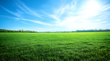 Vast green meadow under a bright blue sky with sunlight illuminating the field