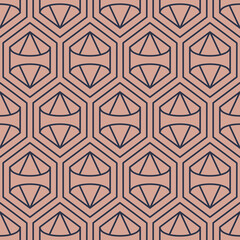 Art Deco pattern seamless background. Vintage ArtDeco geometric triangle cell pattern featuring blue lines on a mauve background.