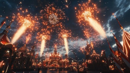 Fototapeta premium A highly detailed fireworks display exploding above a festive carnival, lighting up the sky with intricate bursts and sparkling trails.