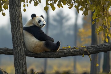 Obraz premium The adorable panda reclines on a broad tree branch, gazing curiously at its surroundings. Vibrant autumn foliage creates a picturesque backdrop, enhancing this moment of serenity in nature