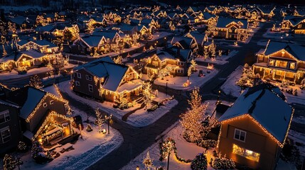 Naklejka premium Night Panoramic View of Residential Neighborhood with Lights