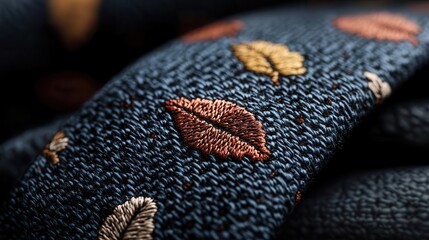 Closeup of a woven tie with intricate Thanksgiving patterns, Thanksgiving tie, artisanal fashion design