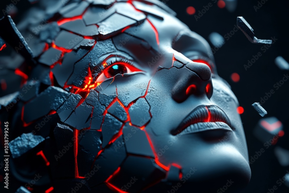 Aufkleber 3D digital rendering of a face, with different parts of the face shifting and morphing into abstract shapes, illustrating the fluidity of subjective identity