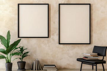 minimalist interior design featuring two empty frames on textured wall, complemented by potted plant and stack of books on sleek chair. This serene setup invites creativity and calm