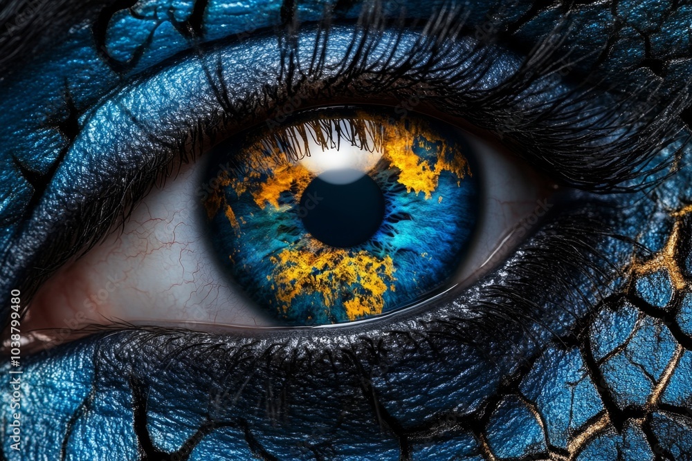 Poster A face with multiple eyes, each eye showing a different world, illustrating the concept of multiple subjective realities