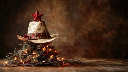 Texas-style Christmas Tree Decoration Featuring a Cowboy Hat Generative AI