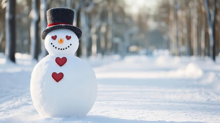 Fototapeta premium Snowman with heart-shaped buttons standing in a snow-covered park