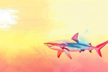Fototapeta premium A colorful shark is swimming in a yellow and orange background