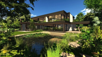 Obraz premium A highly detailed modern house with a large garden featuring a variety of plants, a water feature, and green lawns.