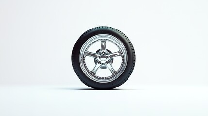 A shiny alloy wheel with a tire, prominently displayed against a minimalistic white background, emphasizing its design and craftsmanship.