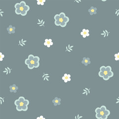 Hand drawn seamless pattern with flowers in gray swamp shades. Lovely romantic Ditsy Fashion Print for background, holiday design, wallpaper, fabric