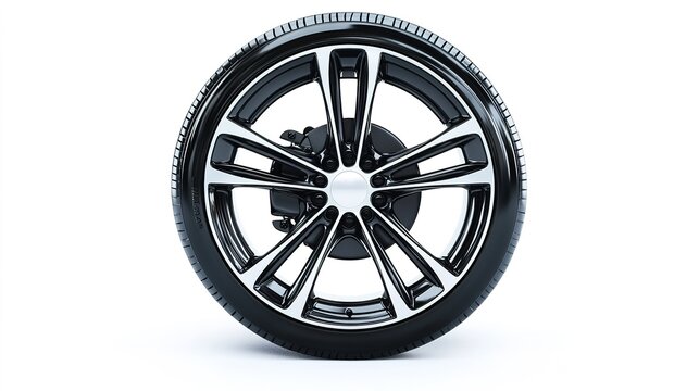 A sleek, modern alloy wheel showcased against a white background, highlighting its intricate design and glossy finish.