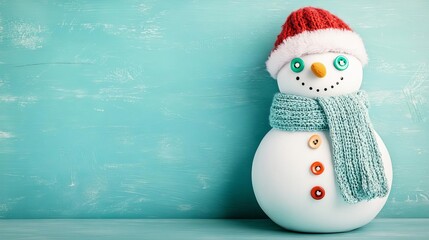 Snowman with mismatched button eyes and a warm scarf, playful holiday design