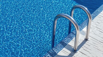 Obraz premium A swimming pool's poolside ladder, outdoor setting with clear blue water, Contemporary style