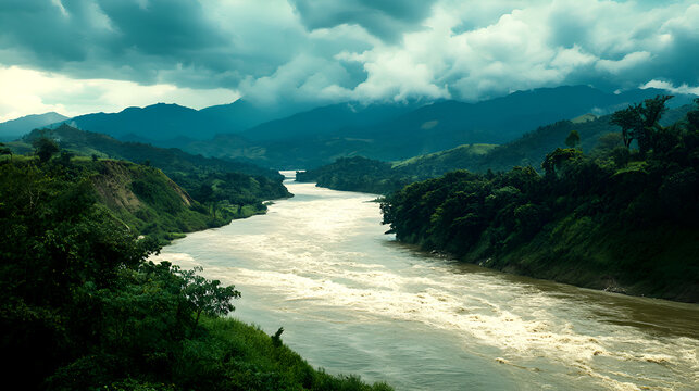 A scenic view of a river flowing through a lush green landscape, surrounded by mountains under a cloudy sky. The water appears turbulent, reflecting the dramatic weather.