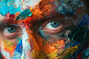 A man with a face covered in paint has blue eyes