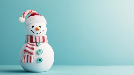 Snowman with mismatched buttons and a candy cane scarf, fun holiday design