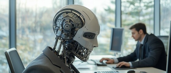 Futuristic Cyborg Executive in Corporate Office Setting with Human Worker, Artificial Intelligence Concept