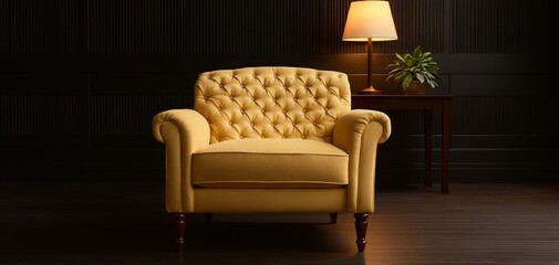 Fototapeta premium Luxurious Yellow Armchair in Elegant Interior Setting with Warm Lighting and Sophisticated Decor, Home Design Inspiration
