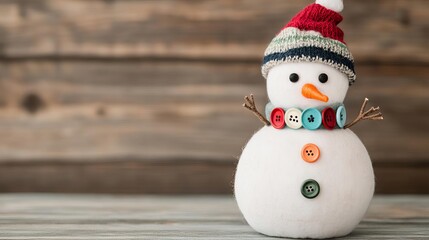 Snowman with mismatched buttons and a crooked carrot nose, quirky holiday fun