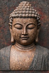 Tranquil Serenity Closeup Stone Carved Buddha Statue on Textured Surface, Peaceful Meditation Artwork