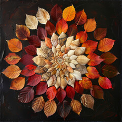 A mandala made entirely of colorful autumn leaves. An intricate mandala design formed by seashells on a sa Job